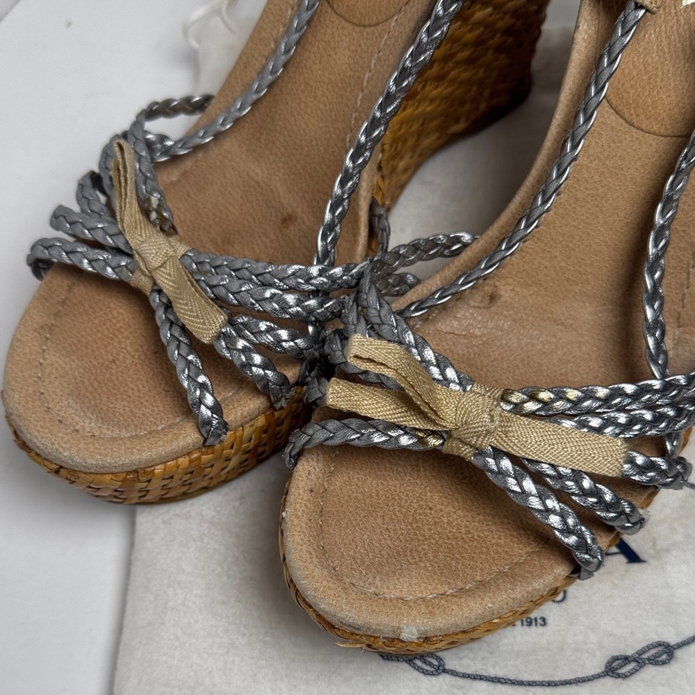 PRADA Woven Wicker Wedge Sandals Metallic Silver Braided Strap 4.5" Heel BOHO 38 - Picture 16 of 16
